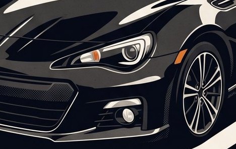 Detail of the finished poster: the same headlight, fog light and wheel