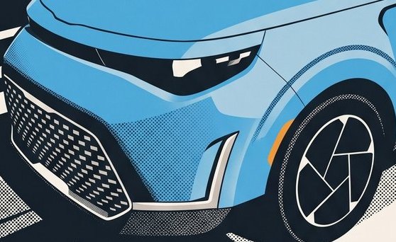 Detail of the finished poster: the same grille, headlight and wheel