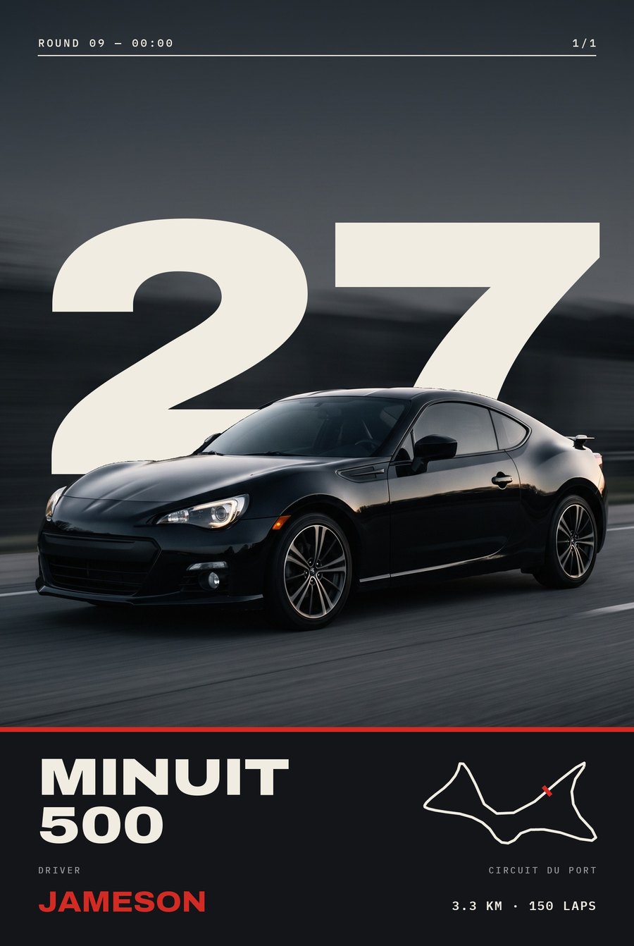 Night-photo poster: a black coupe on a dark road with a white 27 behind it and the event name Minuit 500