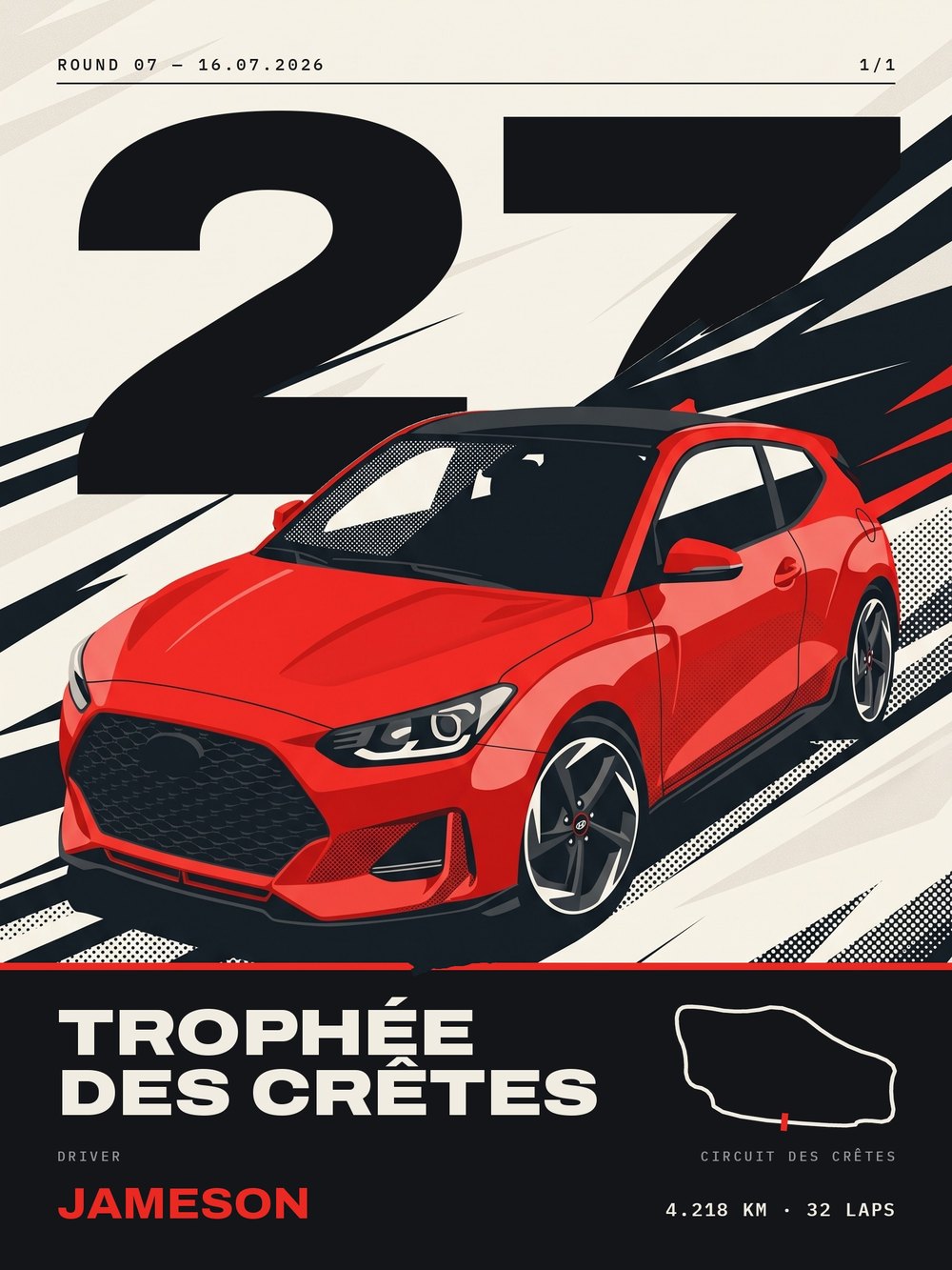 Race-graphic poster of a red hatchback with the number 27 behind it, the event name Trophée des Crêtes and the driver name Jameson
