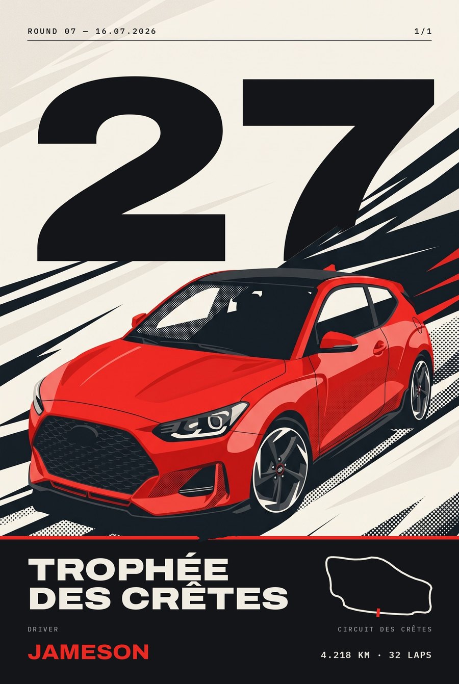 Race-graphic poster: red hatchback on a cream background with black and red speed shapes and a giant 27