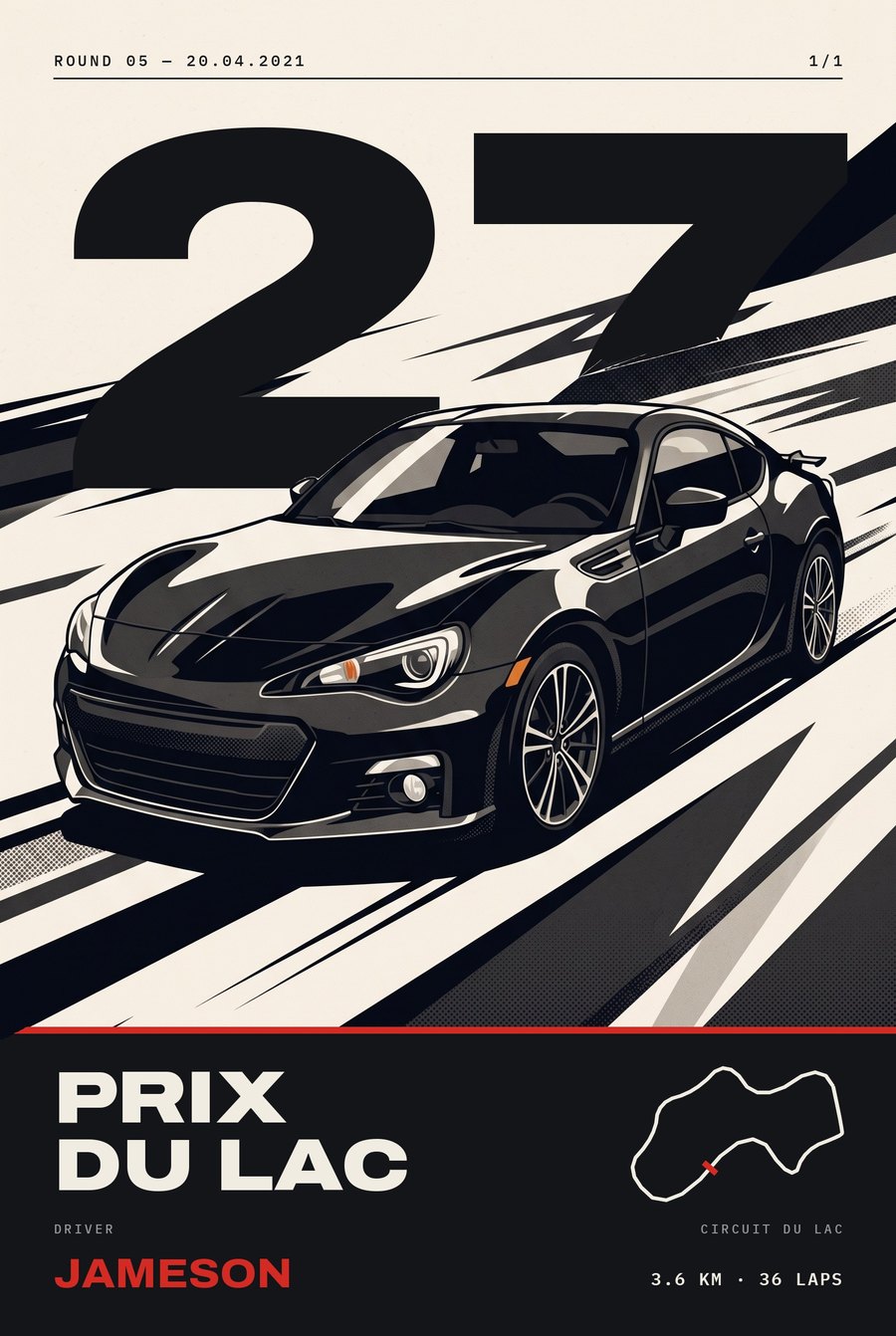 Race-graphic poster of the same black coupe with the number 27, the event name Prix du Lac and the driver name Jameson